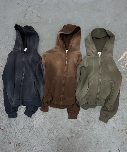 Luxury Embroidery Hoody Streetwear Hoodie Fleece Blank Vintage Oversized Acid Wash Sun Faded Distressed Zip up Hoodie