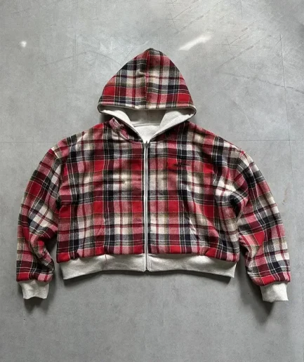 Double Layer Casual Men Plaid Jacket Striped Cropped Boxy Heavyweight Unisex Flannel Reversible Hoodie