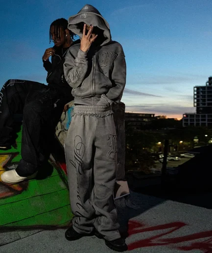 Unisex Universal Hoodie Screen Printed Wide Leg Pants Sportswear Retro Zipper Men's Super Large Hooded Sweatshirt Set