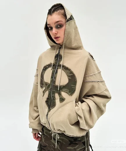Vintage Acid Washed Men's and Women's Universal Oversized Embroidery Patch Cutting Hem Drawstring Hoodie Streetwear