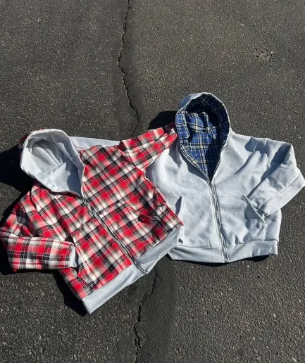 French Terry Cotton Double Layer Jacket Zip up Reversible Plaid Boxy Cropped Hoodies Jacket Men