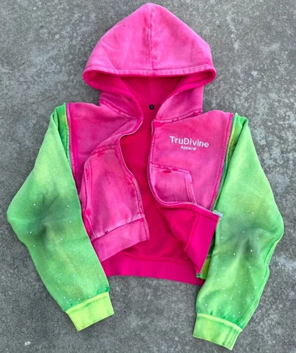 Designer Rhinestone Splicing Matching Color, Sun Fading, Detachable Acid Washed Zipper Hoodie