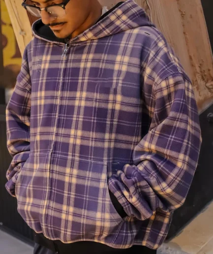 New Arrival Vintage Oversized Men's Plaid Printing Zip up Reversible Hoodie Casual Hooded Jacket for Men