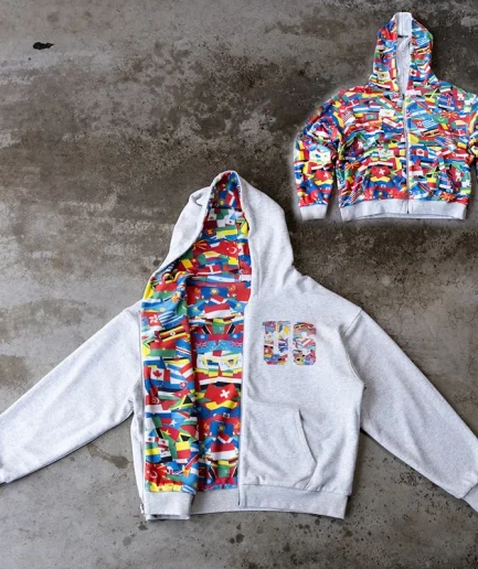 Y2k Street Reversible French Looped Print Retro Sportswear Heavyweight Embroidered Acid Washed Zipper Hooded Sweatshirt