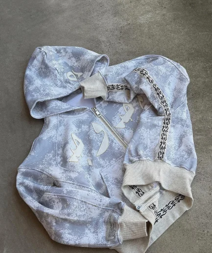 Vintage Washed Hoodie Embroidered Camouflage Tree Graphic Sun Fading Thick Oversized Pickled Zipper Hoodie for Men