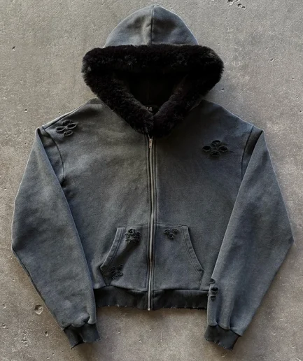 Zipper Hoodie square Faux Leather Fur Hood Blank Solid Heavyweight Men's Acid Washed Hole   Hoodie