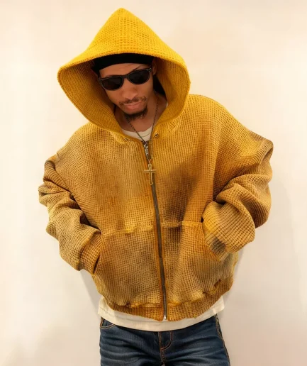 Waffle Knit Fabric Zip up Style Oversized Boxy Vintage Hoodies Men Clothes