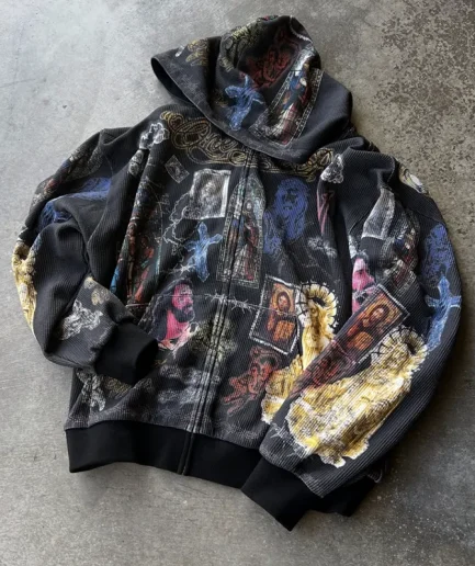 Men's Waffle Knit Oversized Hoodie Long Sleeve Baggy Zip up Hoodies With Sun-Faded Streetwear Hoodies