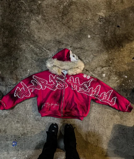 Thick Heavyweight 3d Crystal Streetwear Sun Faded Boxy Fit Fur Fluffy Hat Rhinestone Zip up 600 Gsm Hoodie