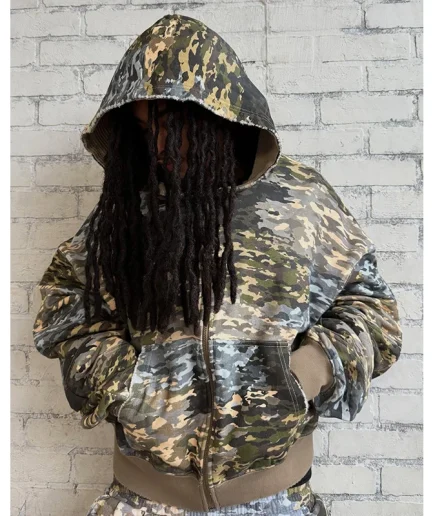 Camouflage 480g Acid Washed Printed Loose Zipper Jacket, French Looped Sweatshirt, Street Wear Pocket Y2k Hoodie, Unisex