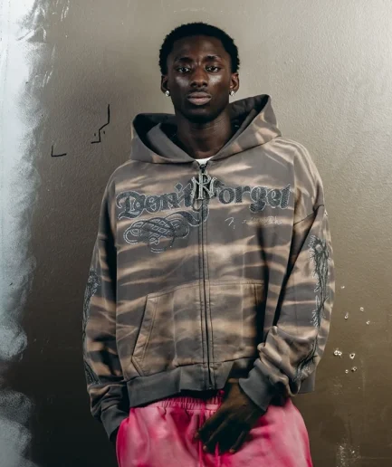 Sun Faded Loose Leopard Print Camouflage Zipper Vintage Distressed Rhinestone Acid Washed Men's Hooded Sweatshirt