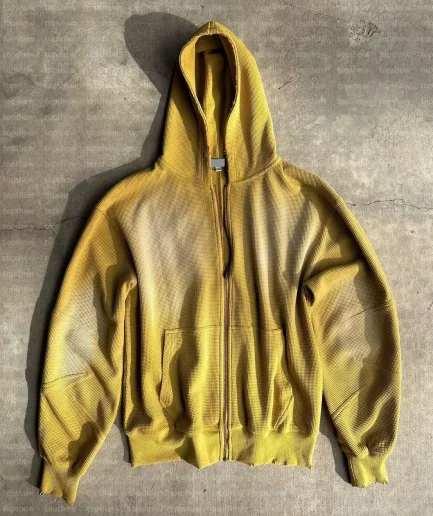 Oversized Distressed Hoodie High-Quality Sun-Faded Heavyweight Zip-Up Waffle Knit Men Hoodies