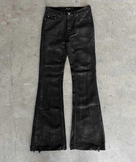 Low Rise Black Skinny Slim Fit Bootcut Black Bell Bottom Distressed Vintage Wax Flared Pant Denim Jeans for Men