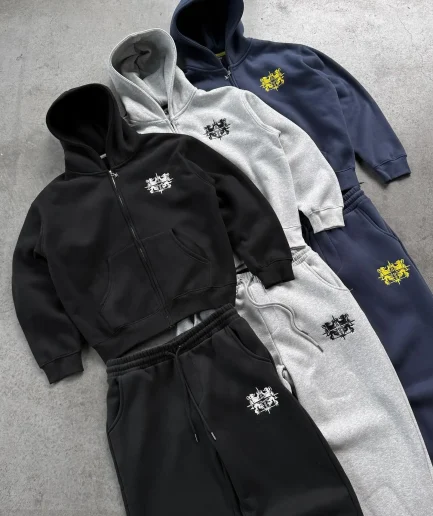 Men's Plain Sportswear square Zipper Hooded Sweatshirt and Bell Bottom Pants Set Printed Hooded Sweatshirt