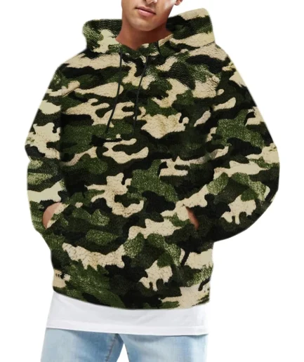 Men's Long Sleeve Sport Pullover Hoodie with Front Pocket Camouflage Fuzzy Sherpa Sweatshirts for Fall Winter Outwear