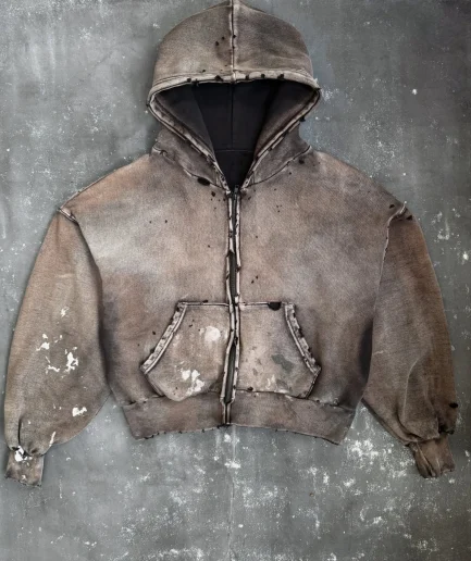 Oversized  Acid Washed Jacket Cropped Boxy Distressed Heavyweight Cotton Fleece Vintage Mens Sun Faded Hoodie