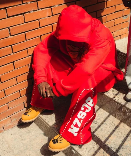 French Looped Acid Washed Rhinestone Print Men's Retro Streetwear square Zipper Hoodie Set Two-piece Set