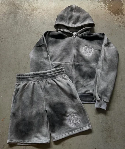 Embroidery Zipper Solid Color Cutting Washed Sportswear Set Silk Screen Printing Hoodie and Straight Leg Shorts