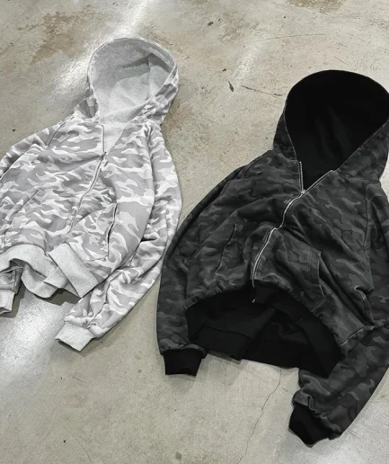 Streetwear Heavyweight Hoodie with Oversized Zipper Retro Camouflage Print Reversible Unisex Looped Sportswear