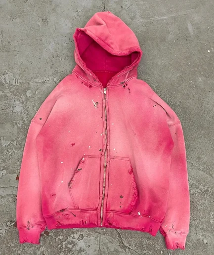 Pickled Men's Ragged Style Hoodie Zipper 500gsm Street Wear Fading Distressed Patch Hoodie