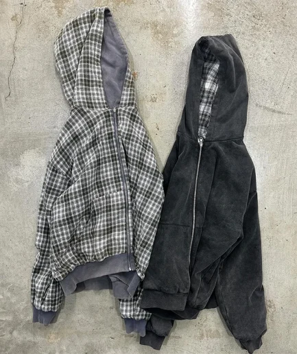 Embroidery Double-sided Reversible Hooded Zipper Jacket, Retro Washed Oversized square Grid Zipper Hooded Sweatshirt