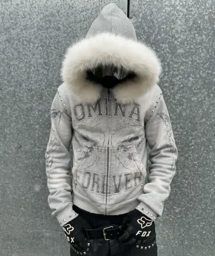 Dtg Print Streetwear French Terry Cotton Cropped Graphic Acid Washed Zip up Faux Fur Hood Hoodies for Men