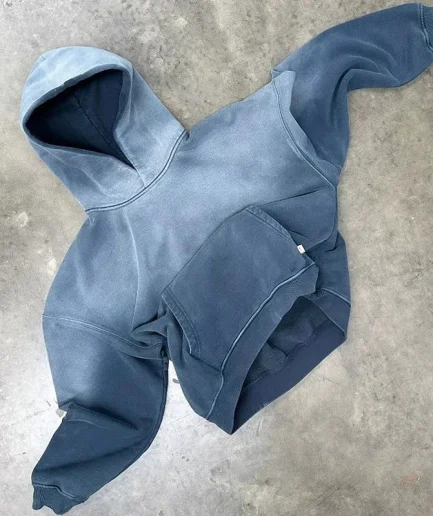 Distressed Heavyweight French Looped Acid Washed Dyed Pullover, Cut Sun Faded Bleached Hooded Sweatshirt for Men