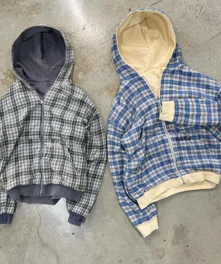 Design French Looped Zipper Shoulder Embroidery Zipper Jacket Plaid Hooded Sweatshirt, Double-sided Reversible Design