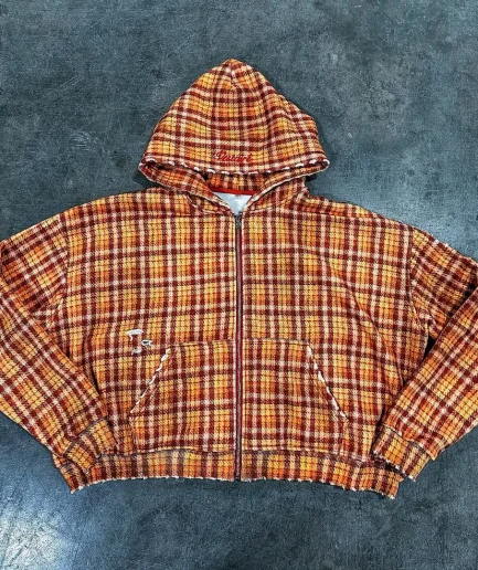 450GSM Baggy Flannel Plaid Double Layer Patchwork Reverse Zip up Waffle Knit Thermal Oversized Men's Hoodies Sweatshirt