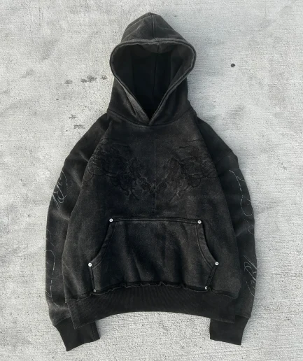 Heavyweight Vintage Acid Washed Patch Embroidered Men's Sportswear with Folded Edges and Antique Printed Hoodie