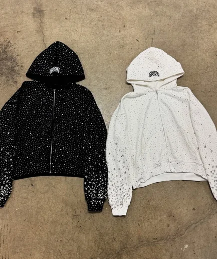 High Quality Direct Sales Rhinestone Street Clothing, Oversized Heavyweight Zipper Wool Hoodie for Men