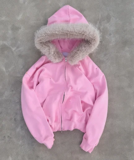 Fur Hood French Terry 100% Cotton Zip-up Hoodie Jacket Oversized Ribbed Hem Zip-up Distressed Hoodie for Men