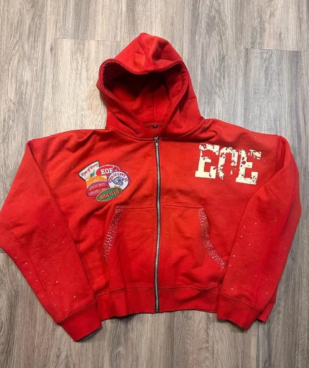 French Looped Oversized Zipper Hoodie with Embroidered Decal Patch, Vintage Sun Fading, Acid Washed, Antique square Shape