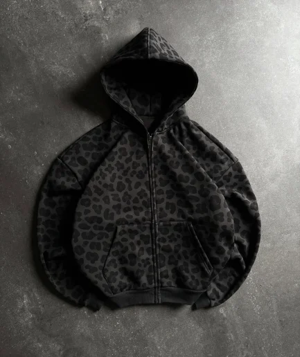 Hoodie Dtg Leopard Print Zipper Heavy Cotton French Terry Vintage Acid Wash  Camouflage Loose Street Hoodie