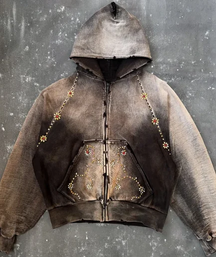 High Quality Acid Washed Vintage Faded Distressed Sportswear Embroidered Flower Hooded Sweatshirt Zipper Denim Puff Sleeve