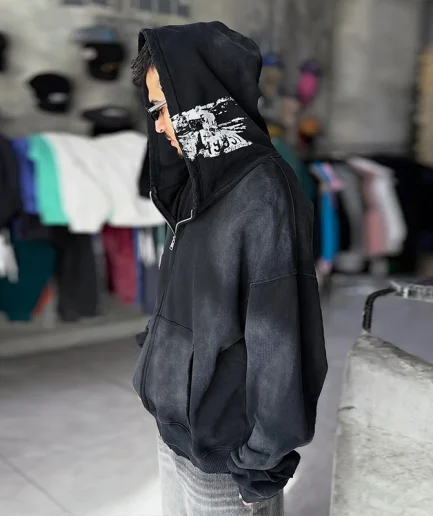 Luxury Men's Designer Hooded Streetwear with Vintage Print, Oversized Acid Washed Sun Faded Distressed Zipper Jacket