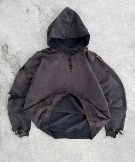 Clothing French Terry 100%cotton Oversized Vintage Acid Wash Ripped Distressed Hoodie Sweatshirt for Men