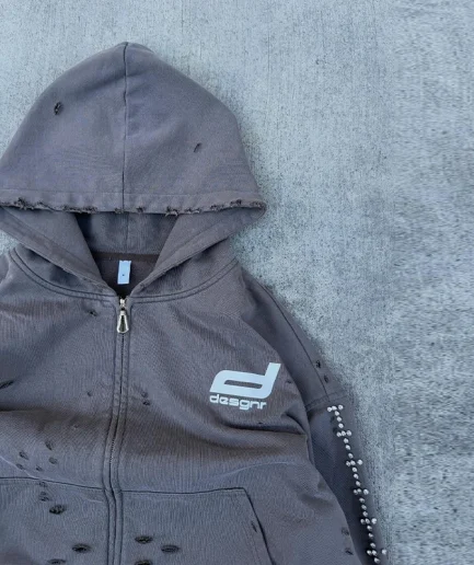 Cuts Zipper square Hooded Sweatshirt, Acid Washes Cuts and Sews Spliced Zipper, Imitates Old Torn Hooded Sweatshirt