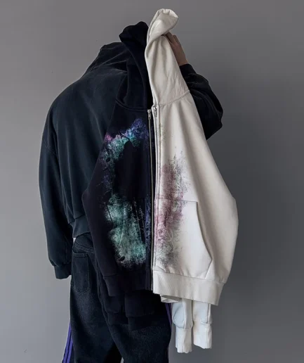 Loose 400 Gsm French Looped Graphic Wool Heavyweight Full Zipper Hooded Sweatshirt Unisex Printed Acid Washed Hooded Sweatshirt