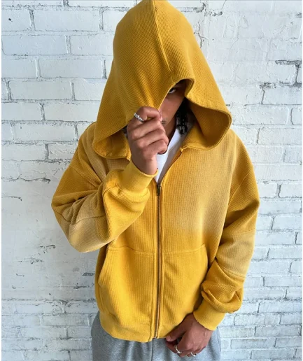 Men's Waffle Biscuit Blank Loose Hoodie Long Sleeved Zipper Hoodie with Sun Fading Street Printed Cotton