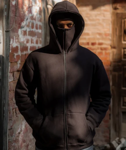 Men Streetwear Blank Cropped Unisex Heavyweight Cotton Polyester Zip up Full Face Ninja Men's Balaclava Sweatshirts Hoodies