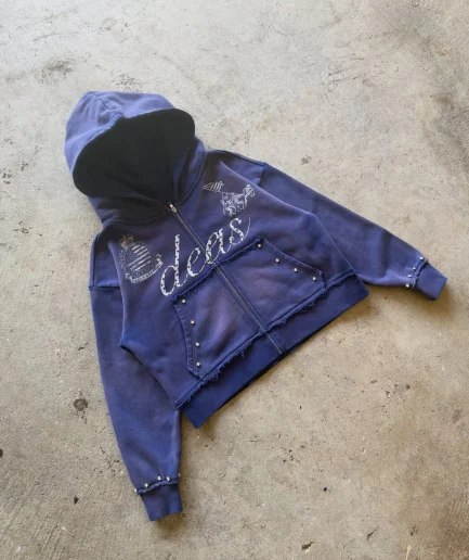 Heavyweight French Terry Men's Pearl Hoodie Embroidery Rhinestones Hip Hop Streetwear Zipper-up Regular Fit Hoodie