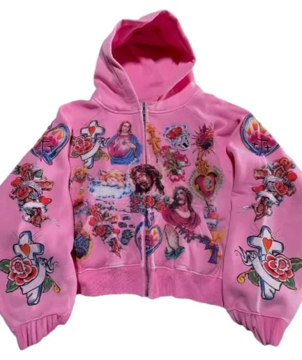 Vintage Y2K Zip-Up Hoodie Oversized Rapper Graphic Sweatshirts for Men and Women Streetwear Style