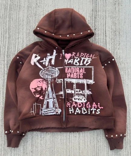 Oversized Heavyweight Vintage Stone Wash Screen Print Graphic Distressed Rhinestone Zip up Hoodie for Men