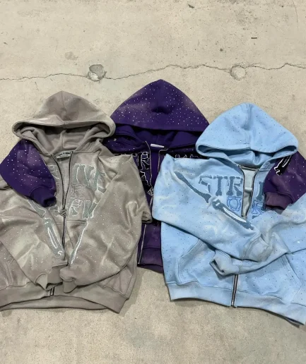 Fashion Streetwear Sun Faded Heavy Cotton Vintage Acid Washed Zip up Oversized Boxy Fit Rhinestone Hoodie