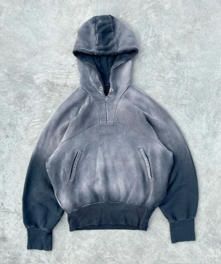 Retro Men's square 500 Gsm Antique Decal Patch Embroidery Patchwork Acid Washed Zipper Hooded Sweatshirt