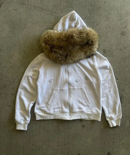 Faux Fur Hoodie Jacket for Men Distressed Print and Patches Oversized Zipper Streetwear Autumn Fashion