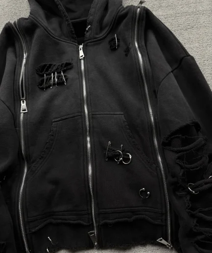 Heavy Duty Oversized Washed Metal Buckle Distressed Old Cut Hooded Sweatshirt with Stone Acid Washed Detachable Sleeves