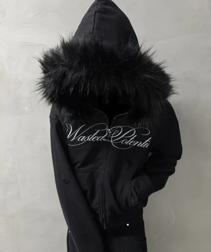 Winter Zip up Y2K Faux Fur Collar Cotton French Terry Oversize Graphic Plain Fur Hoodie for Men