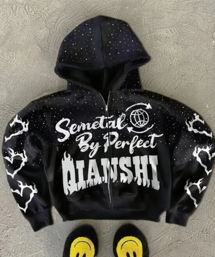 Oversized Cotton Zipper Hoodie Spring Distressed Embroidery Zip up Hoodie Streetwear Cropped Rhinestone Hoodie Men